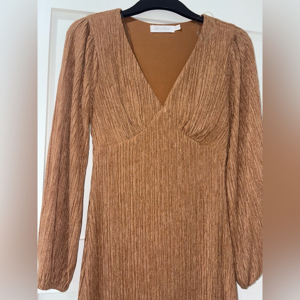 All in Favor Brown Pleated V-Neck Cocktail Dress